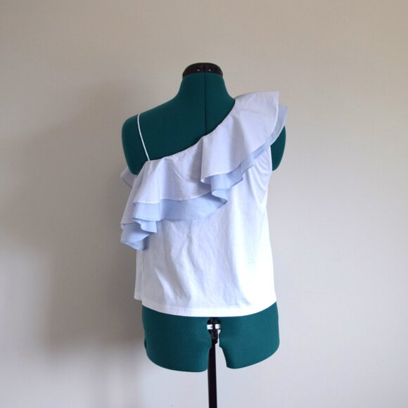 Club Monaco White and Blue Ruffled off the Shoulder Tank Top - Picture 4 of 6